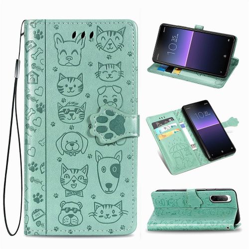 Sony Xperia 10 Ii (2020) Coque, Saturcase Chien Et Chat Mignon Pu Cuir Magnétique Flip Portefeuille Support Porte-Carte Protecteur Coque Housse Étui Avec Dragonne Pour Sony Xperia 10 Ii (2020) (Vert)