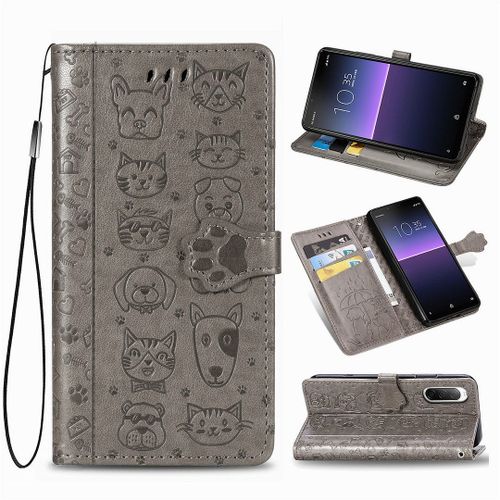 Sony Xperia 10 Ii (2020) Coque, Saturcase Chien Et Chat Mignon Pu Cuir Magnétique Flip Portefeuille Support Porte-Carte Protecteur Coque Housse Étui Avec Dragonne Pour Sony Xperia 10 Ii (2020) (Gris)