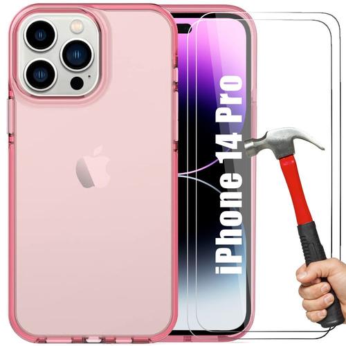 Coque Silicone Pour Iphone 14 Pro Rose + 2 Vitres Protection En Verre Trempe - E.F.Connection