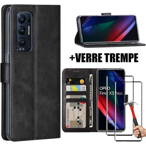 Lot De 2 Verres Trempes + Coque Pour Oppo Find X3 Neo Noir Anti-Rayure Antichoc Effet Cuir - E.F.Connection