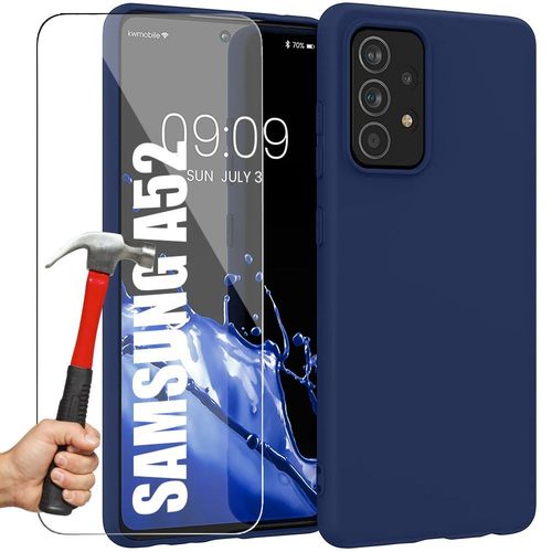 Coque Silicone Pour Samsung A52 5g Bleu Marine + 2 Protections D'ecran En Verre Trempe - E.F.Connection
