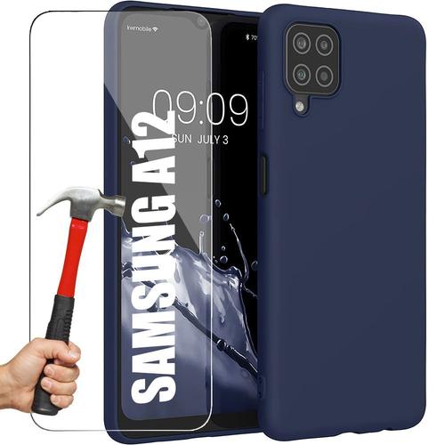 Coque Pour Samsung A12 Protection Silicone Bleu Marine + 2 Verres Trempes - E.F.Connection