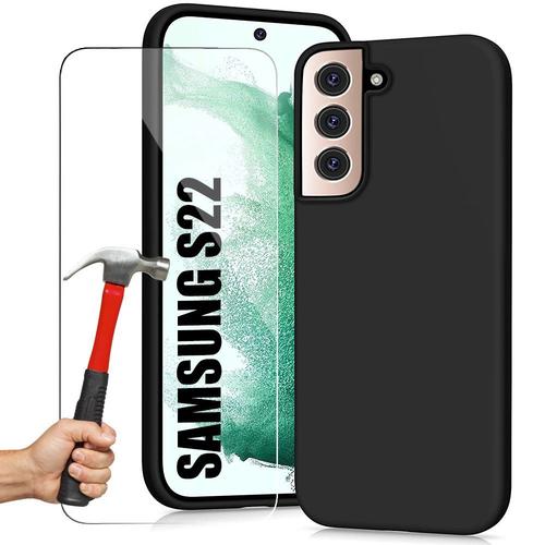 Coque Silicone Pour Samsung S22 Noir + 2 Protections D'ecran En Verre Trempe - E.F.Connection