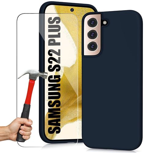 Coque Silicone Pour Samsung S22+ Bleu Marine Avec 2 Protections D'ecran En Verre Trempe - E.F.Connection