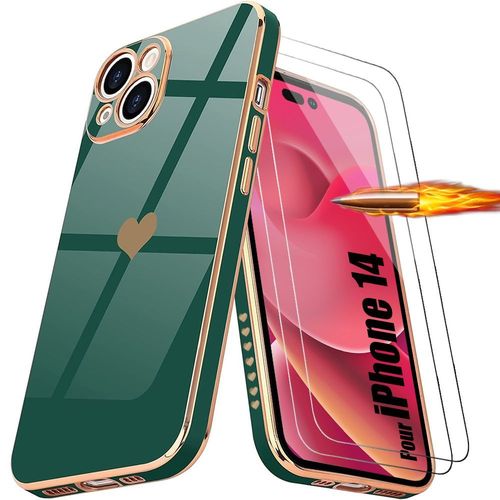 Coque Silicone Iphone 14 Vert Nuit Antichoc Motif CUr + 2 Protecteurs D'ecran Vitre - E.F.Connection