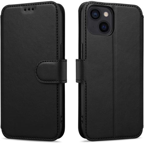 Coque Pour Iphone 14 Noir Portefeuille Antichoc Souple Porte-Carte Effet Cuir