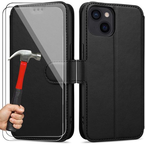 Coque + 2 Verres Trempés Pour Iphone 14, Effet Cuir Elégant Fermeture Magnétique - Noir