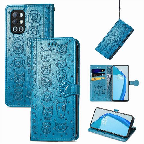 Oneplus 9r Coque, Saturcase Chien Et Chat Mignon Pu Cuir Magnétique Flip Portefeuille Support Porte-Carte Protecteur Coque Housse Étui Avec Dragonne Pour Oneplus 9r (Bleu)