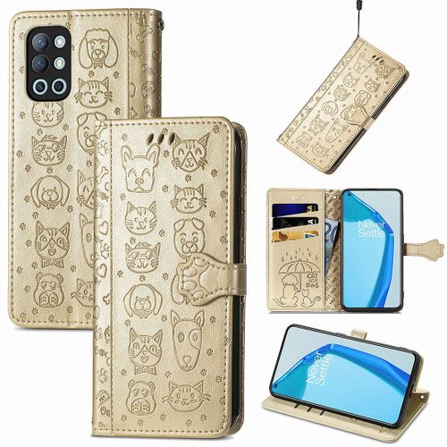 Oneplus 9r Coque, Saturcase Chien Et Chat Mignon Pu Cuir Magnétique Flip Portefeuille Support Porte-Carte Protecteur Coque Housse Étui Avec Dragonne Pour Oneplus 9r (Or)