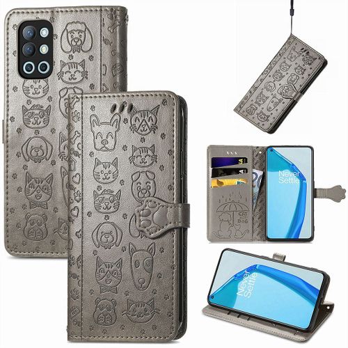 Oneplus 9r Coque, Saturcase Chien Et Chat Mignon Pu Cuir Magnétique Flip Portefeuille Support Porte-Carte Protecteur Coque Housse Étui Avec Dragonne Pour Oneplus 9r (Gris)