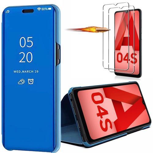 Coque Bleu Pour Samsung A04s Effet Miroir Smart Case Rabat Flip + 2 Verres Trempes - E.F.Connection