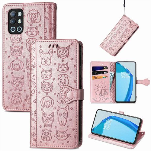 Oneplus 9r Coque, Saturcase Chien Et Chat Mignon Pu Cuir Magnétique Flip Portefeuille Support Porte-Carte Protecteur Coque Housse Étui Avec Dragonne Pour Oneplus 9r (Or Rose)