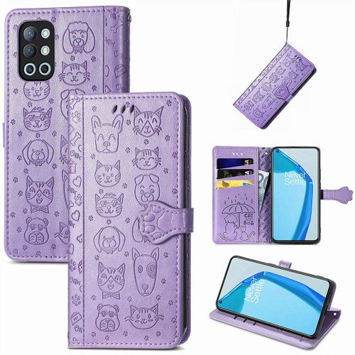 Oneplus 9r Coque, Saturcase Chien Et Chat Mignon Pu Cuir Magnétique Flip Portefeuille Support Porte-Carte Protecteur Coque Housse Étui Avec Dragonne Pour Oneplus 9r (Violet)