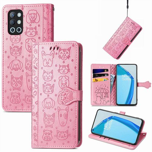 Oneplus 9r Coque, Saturcase Chien Et Chat Mignon Pu Cuir Magnétique Flip Portefeuille Support Porte-Carte Protecteur Coque Housse Étui Avec Dragonne Pour Oneplus 9r (Pink)
