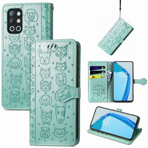 Oneplus 9r Coque, Saturcase Chien Et Chat Mignon Pu Cuir Magnétique Flip Portefeuille Support Porte-Carte Protecteur Coque Housse Étui Avec Dragonne Pour Oneplus 9r (Vert)