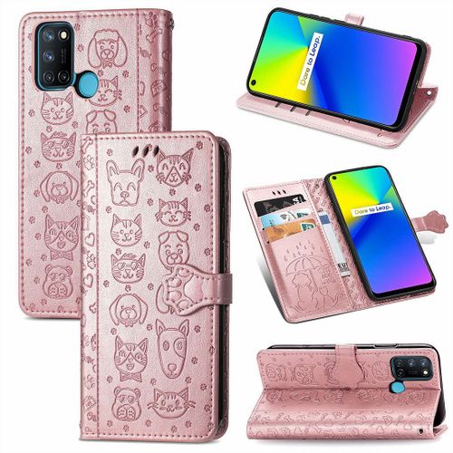 Realme 7i / Realme C17 Coque, Saturcase Chien Et Chat Mignon Pu Cuir Magnétique Flip Portefeuille Support Porte-Carte Protecteur Coque Housse Étui Avec Dragonne Pour Realme 7i / Realme C17 (Or Rose)