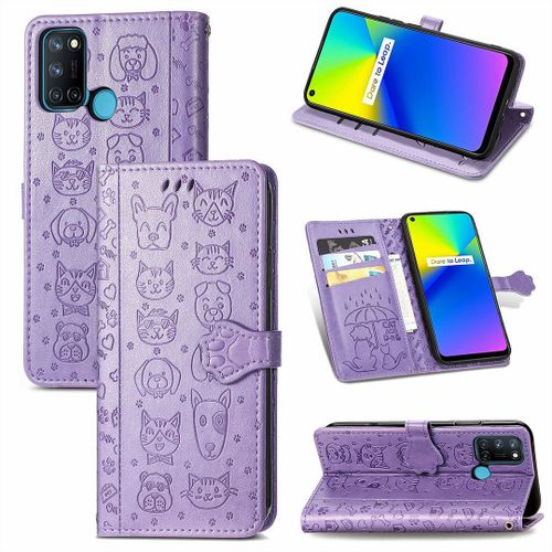 Realme 7i / Realme C17 Coque, Saturcase Chien Et Chat Mignon Pu Cuir Magnétique Flip Portefeuille Support Porte-Carte Protecteur Coque Housse Étui Avec Dragonne Pour Realme 7i / Realme C17 (Violet)