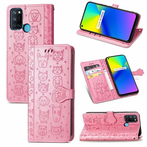 Realme 7i / Realme C17 Coque, Saturcase Chien Et Chat Mignon Pu Cuir Magnétique Flip Portefeuille Support Porte-Carte Protecteur Coque Housse Étui Avec Dragonne Pour Realme 7i / Realme C17 (Pink)