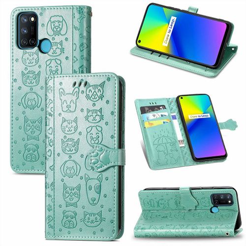 Realme 7i / Realme C17 Coque, Saturcase Chien Et Chat Mignon Pu Cuir Magnétique Flip Portefeuille Support Porte-Carte Protecteur Coque Housse Étui Avec Dragonne Pour Realme 7i / Realme C17 (Vert)