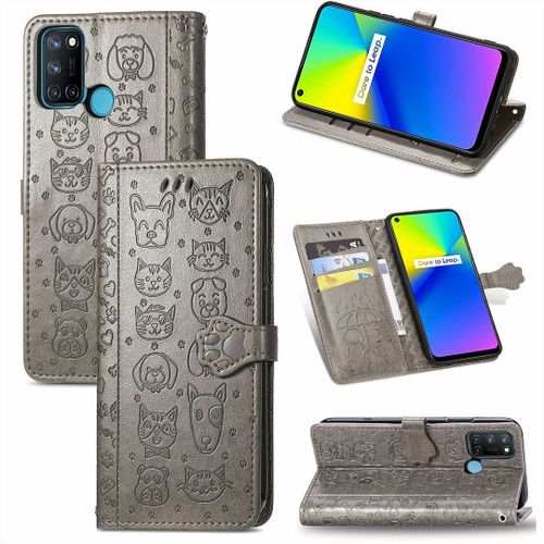 Realme 7i / Realme C17 Coque, Saturcase Chien Et Chat Mignon Pu Cuir Magnétique Flip Portefeuille Support Porte-Carte Protecteur Coque Housse Étui Avec Dragonne Pour Realme 7i / Realme C17 (Gris)