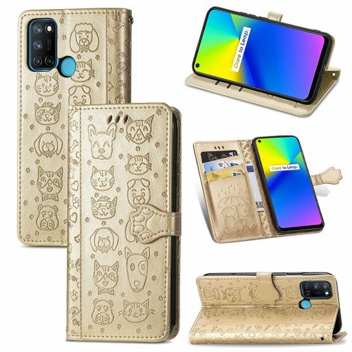Realme 7i / Realme C17 Coque, Saturcase Chien Et Chat Mignon Pu Cuir Magnétique Flip Portefeuille Support Porte-Carte Protecteur Coque Housse Étui Avec Dragonne Pour Realme 7i / Realme C17 (Or)