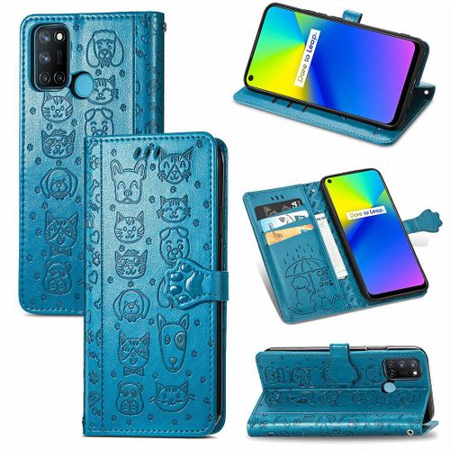 Realme 7i / Realme C17 Coque, Saturcase Chien Et Chat Mignon Pu Cuir Magnétique Flip Portefeuille Support Porte-Carte Protecteur Coque Housse Étui Avec Dragonne Pour Realme 7i / Realme C17 (Bleu)