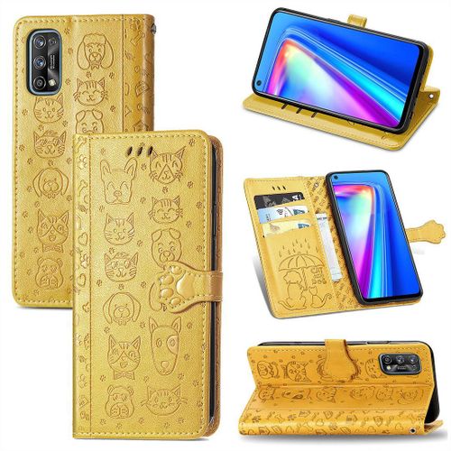 Realme 7 Pro Coque, Saturcase Chien Et Chat Mignon Pu Cuir Magnétique Flip Portefeuille Support Porte-Carte Protecteur Coque Housse Étui Avec Dragonne Pour Realme 7 Pro (Jaune)