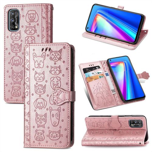 Realme 7 Pro Coque, Saturcase Chien Et Chat Mignon Pu Cuir Magnétique Flip Portefeuille Support Porte-Carte Protecteur Coque Housse Étui Avec Dragonne Pour Realme 7 Pro (Or Rose)