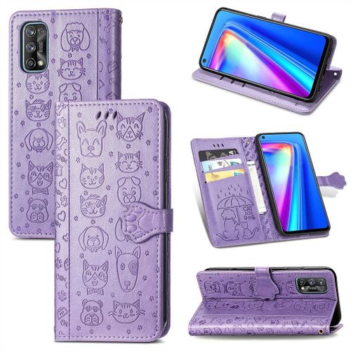 Realme 7 Pro Coque, Saturcase Chien Et Chat Mignon Pu Cuir Magnétique Flip Portefeuille Support Porte-Carte Protecteur Coque Housse Étui Avec Dragonne Pour Realme 7 Pro (Violet)