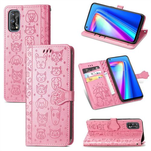 Realme 7 Pro Coque, Saturcase Chien Et Chat Mignon Pu Cuir Magnétique Flip Portefeuille Support Porte-Carte Protecteur Coque Housse Étui Avec Dragonne Pour Realme 7 Pro (Pink)