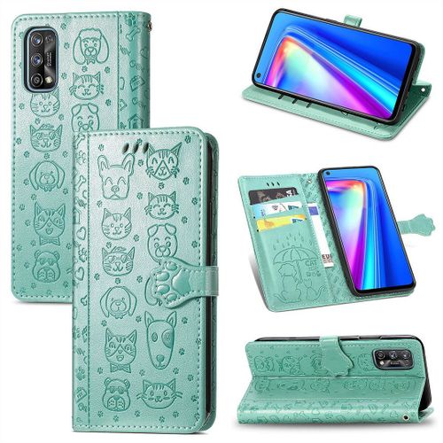 Realme 7 Pro Coque, Saturcase Chien Et Chat Mignon Pu Cuir Magnétique Flip Portefeuille Support Porte-Carte Protecteur Coque Housse Étui Avec Dragonne Pour Realme 7 Pro (Vert)