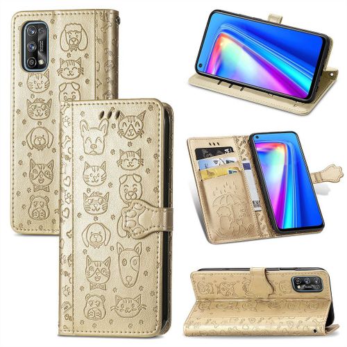 Realme 7 Pro Coque, Saturcase Chien Et Chat Mignon Pu Cuir Magnétique Flip Portefeuille Support Porte-Carte Protecteur Coque Housse Étui Avec Dragonne Pour Realme 7 Pro (Or)