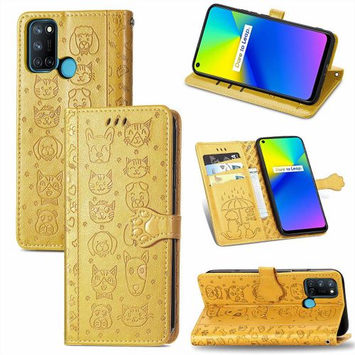 Realme 7i / Realme C17 Coque, Saturcase Chien Et Chat Mignon Pu Cuir Magnétique Flip Portefeuille Support Porte-Carte Protecteur Coque Housse Étui Avec Dragonne Pour Realme 7i / Realme C17 (Jaune)