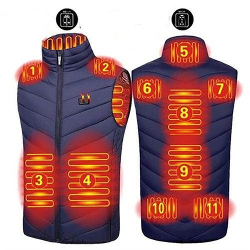 couleur 11 Zones Bleu taille XXXL Veste chauffante USB sans manches pour homme, gilet de chasse, de pêche en plein air, avec Film chauffant