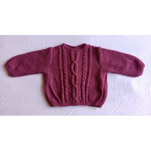 Pull Prune Violet A Torsades. Fait Main. Laine. Taille 6 Mois