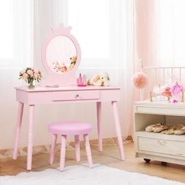 Coiffeuse enfant et tabouret design girly blanc rose