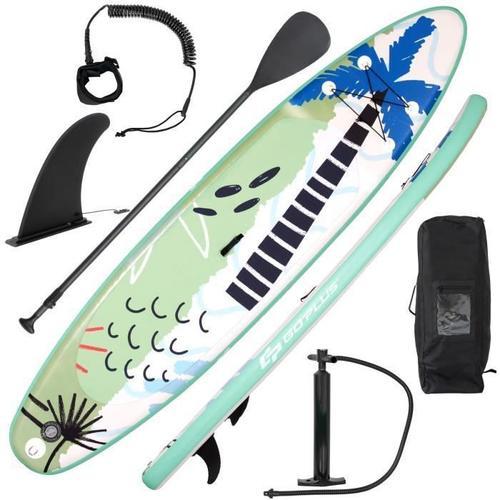 Costway Stand Up Paddle Board Gonflable 335x76x15cm Pagaie Réglable Accessoires Complets Sac Portable Aileron Central Cocotier