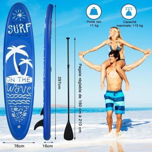 Costway Stand Up Paddle Gonflable 297x76x15cm En Pvc Accessoires Sac Portable Pagaie Réglable Ailerons Inférieur Pompe À Main Leash