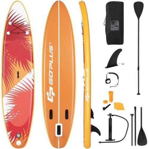 Costway Stand Up Paddle Board Gonflable 335x76x15cm Pagaie Réglable Accessoires Complets Sac Portable Aileron Central Feuilles Rouge