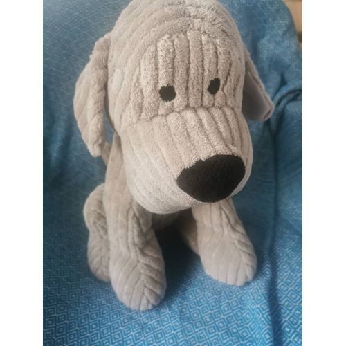 Doudou Peluche Chien Gris Assis Velours Côtelé Collier Satin Noir Blanche Porte