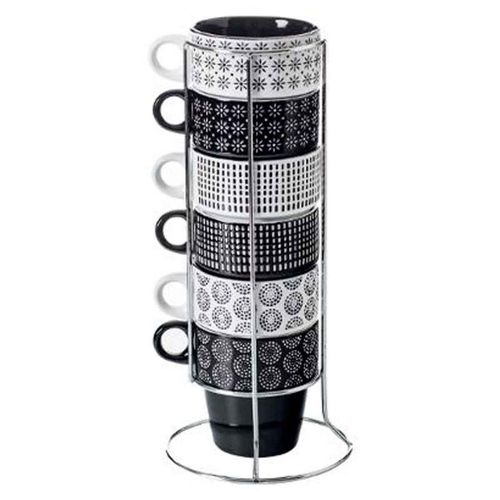 Lot De 6 Mugs Sur Rack "Ethnik" 26cl Noir & Blanc