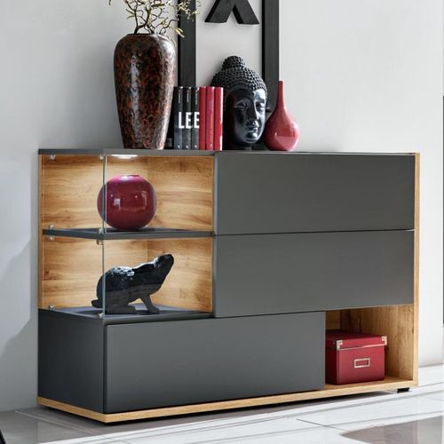 Paris Prix - Buffet 3 Portes & 3 Niveaux "Silk" 120cm Gris & Naturel
