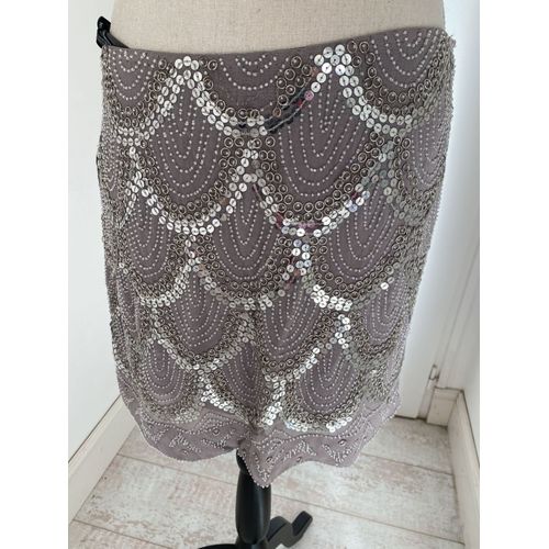 Jupe Courte Neuve Taille 42/44 Brodé Sequins Gris Argent Marque Morgan 