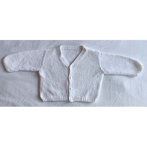 Gilet Blanc A Boutons Stries. Fait Main. Laine. Taille 6 Mois