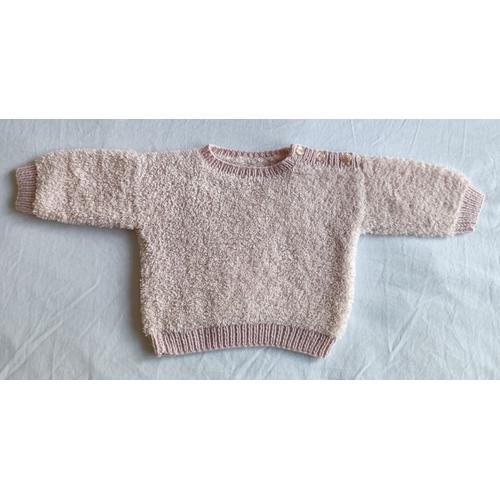 Pull Rose Pale A Boutons Irises. Fait Main. Laine. Taille 3 Mois