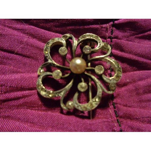 Jolie Broche Ancienne Argent Motif Fleur Ornée De Pierres & Perles Fantaisie