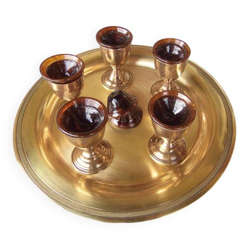 Service  Caviar En Laiton Et Verre Souffl Dore