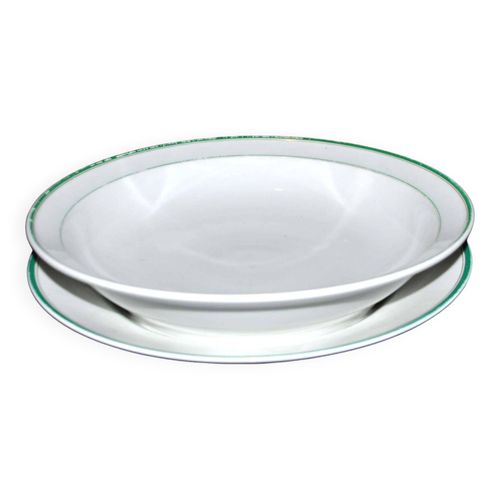 Lot De 2 Plats Ronds En Porcelaine Ancienne  Liser Vert Et Or  Limoges Blanc