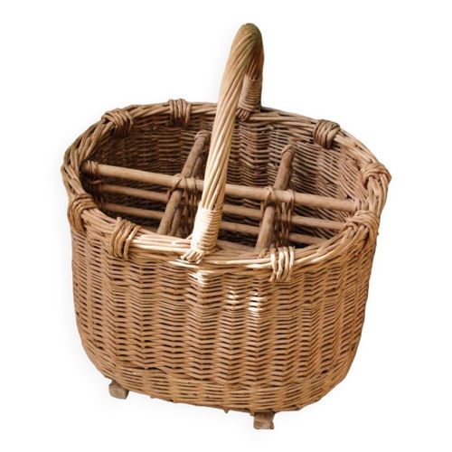 Ancien panier porte bouteilles en osier bois