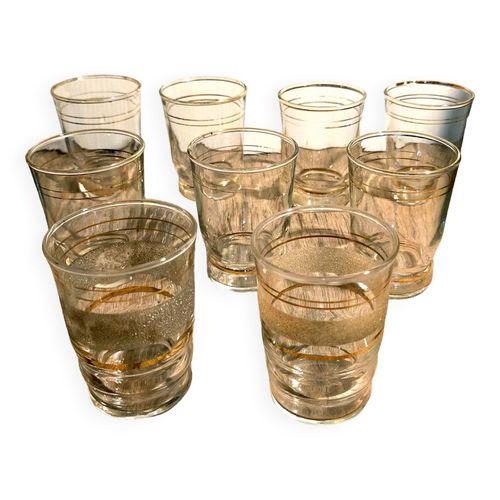 Lot De 9 Verres  Liserets Dors En Verre Souffl Transparent